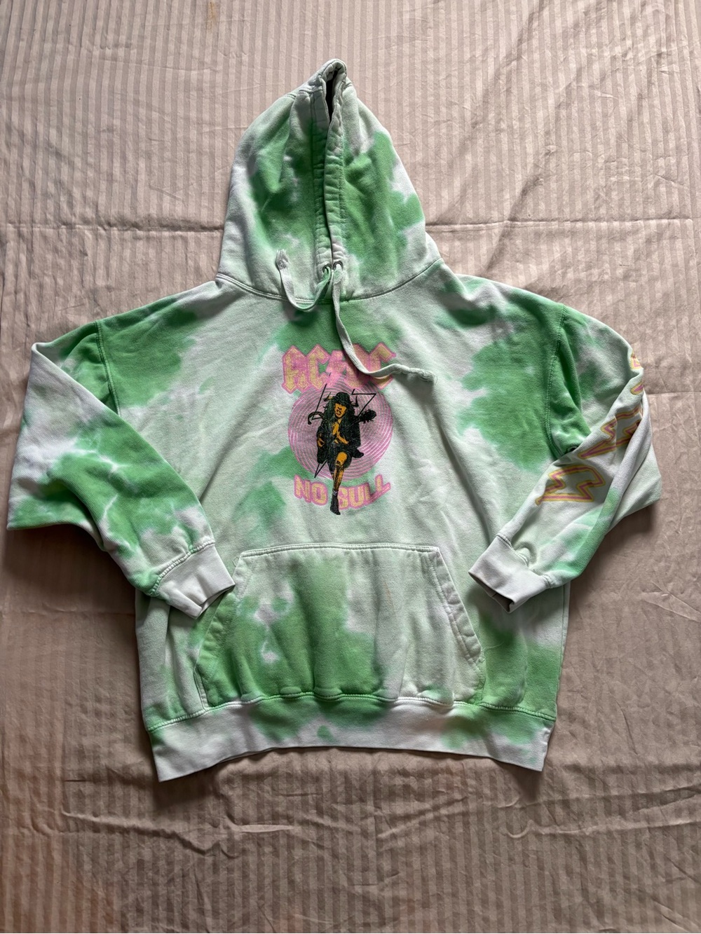 Size XL Men's AC/DC No Bull Green Tie Dye Hoodie Pink/White Graphic Sweatshirt
